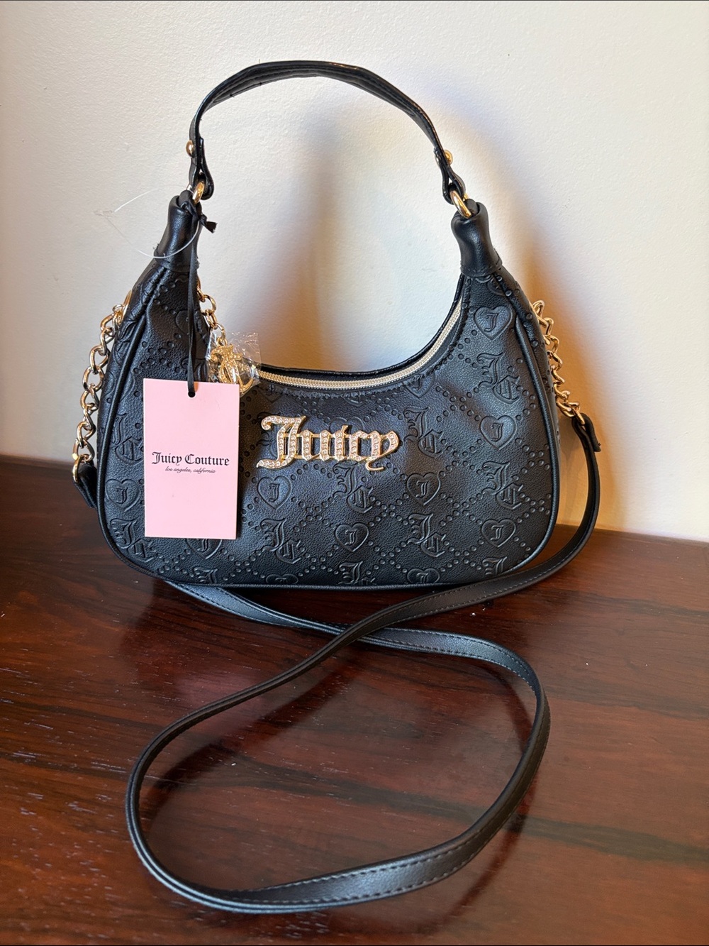 Juicy Couture Black Embossed Logo Shoulder Bag with Gold Hardware